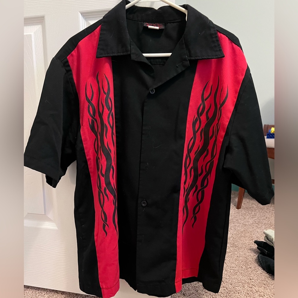 Men’s Sinister Clothing Bowling Shirt Black w Red Inserts w Black Flames